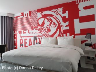 Guest bedroom at the Radisson RED Brussels hotel in Belgium.