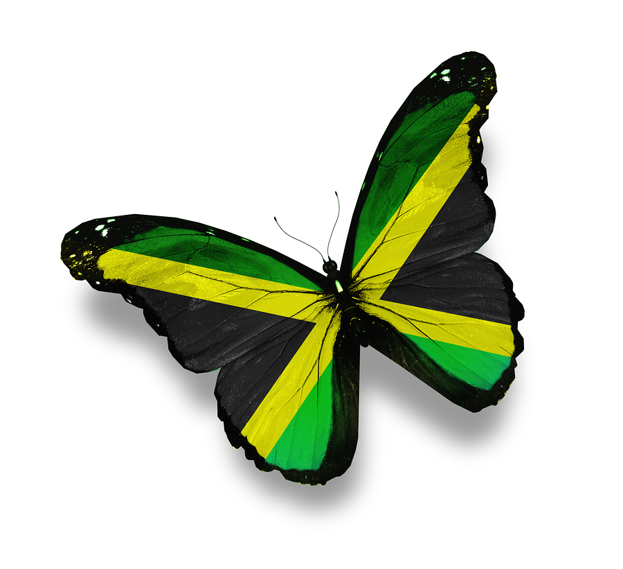 Jamaican flag in the shape of a butterfly, or a butterfly designed like the Jamaican flag