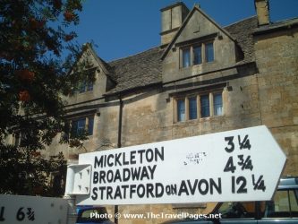 A road sign in a village near the Three Ways House Hotel, the home of the Pudding Club, on a walking and eating weekend in Mickleton near Chipping Campden in England's beautiful Cotswolds countryside.